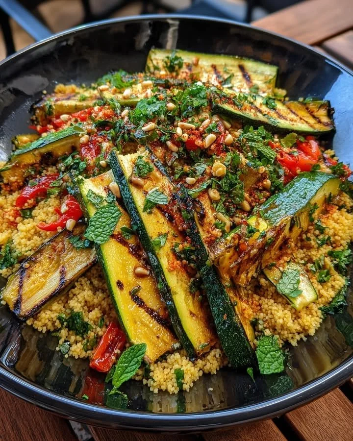 Grilled zucchini salad with lemon labneh and couscous served in a bowl