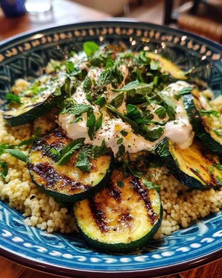 Grilled zucchini couscous salad with lemon labneh and fresh vegetables