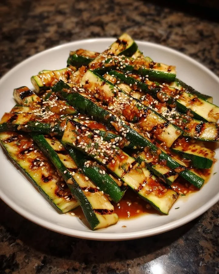 Grilled zucchini topped with miso-ginger dressing, served on a plate.