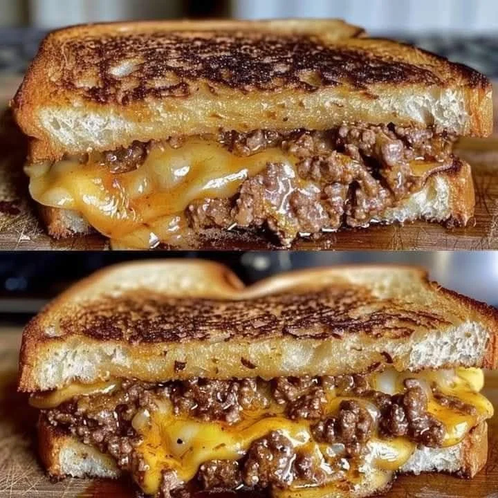 Delicious Ground Beef Grilled Cheese Sandwich with melted cheese and toasted bread.