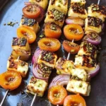 Delicious Halloumi, apricot, and pistachio skewers ready to serve.