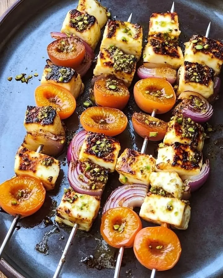 Delicious Halloumi, apricot, and pistachio skewers ready to serve.