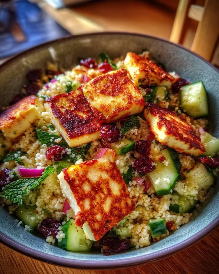 Halloumi and cranberry couscous salad with mint-lemon dressing