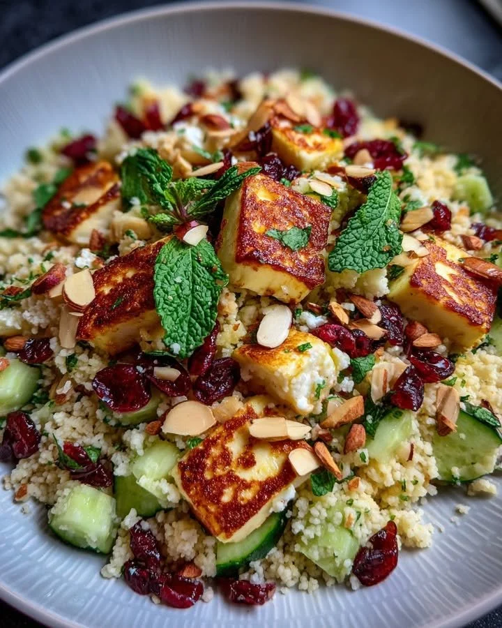 Halloumi and cranberry couscous salad with mint-lemon dressing on a colorful plate