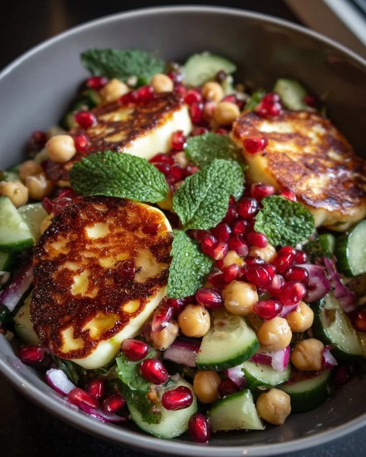 Halloumi and Pomegranate Chickpea Salad with Mint-Lemon Dressing