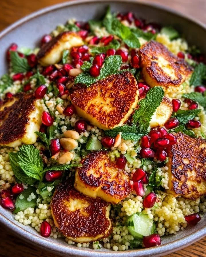 Halloumi and Pomegranate Couscous Salad with Mint-Lemon Dressing