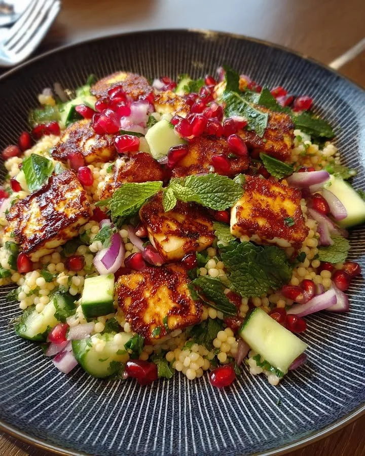 Halloumi and Pomegranate Couscous Salad with Mint-Lemon Dressing in a bowl