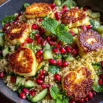 Halloumi and pomegranate couscous salad with mint-lemon dressing