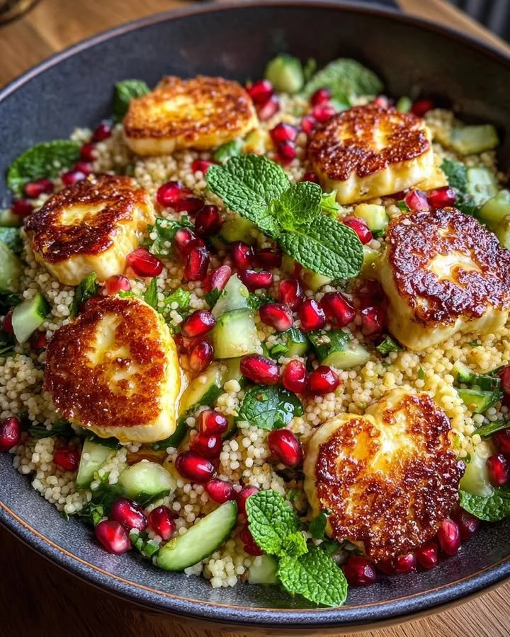 Halloumi and pomegranate couscous salad with mint-lemon dressing