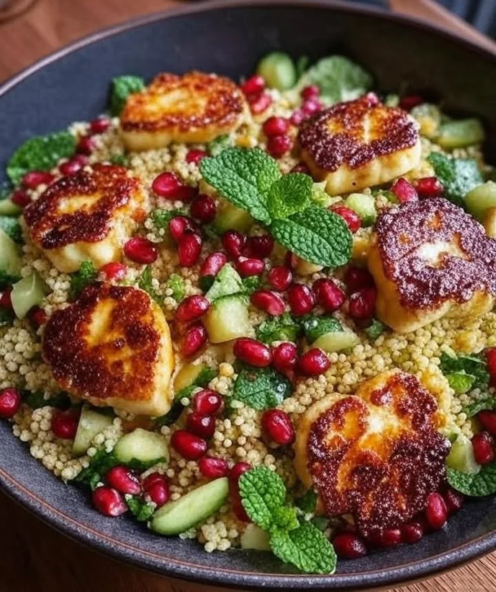 Halloumi and pomegranate couscous salad with mint-lemon dressing
