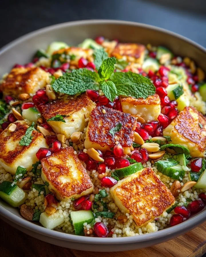 Halloumi and pomegranate couscous salad with mint-lemon dressing