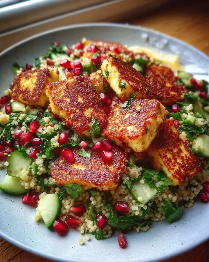 Halloumi and pomegranate couscous salad with mint-lemon dressing served in a bowl
