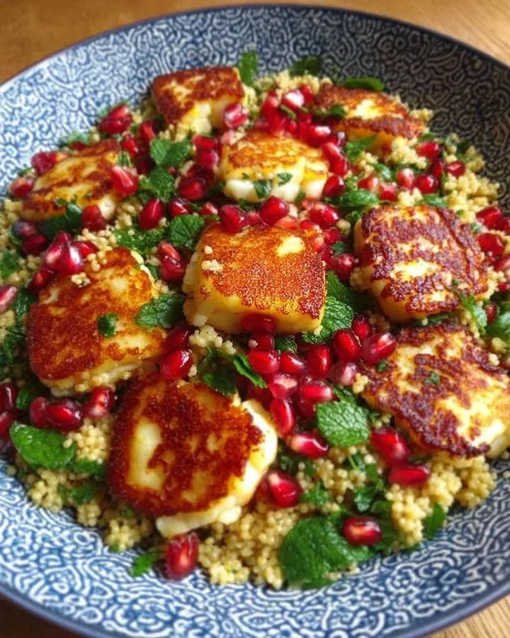 Halloumi and pomegranate couscous salad with mint-lemon dressing on a plate