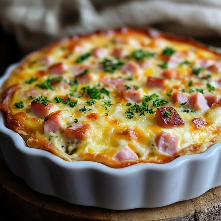 Crustless Ham & Cheese Quiche served on a plate with fresh herbs.