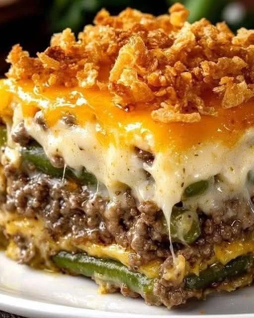 Delicious Hamburger Green Bean Casserole served on a plate