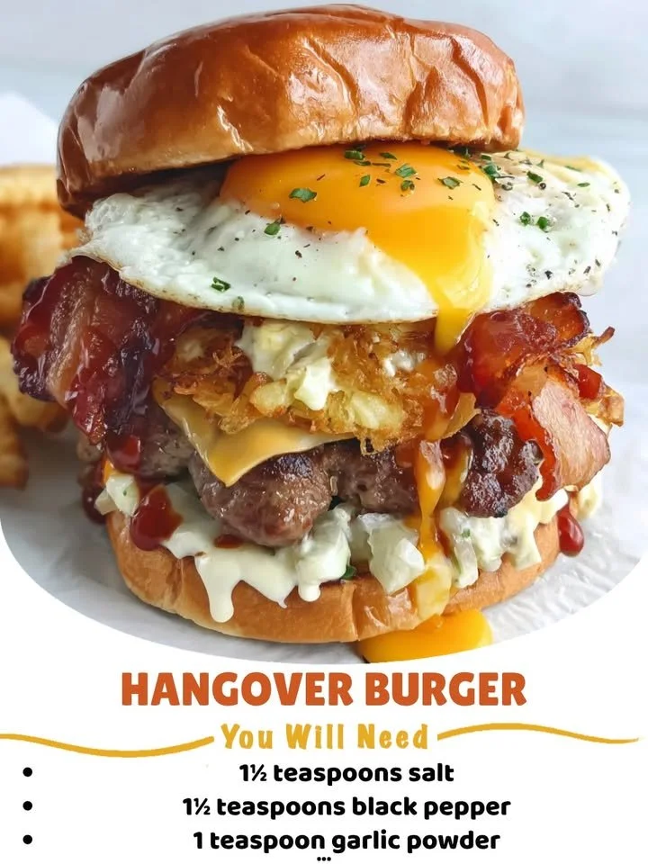 Delicious Hangover Burger with toppings and fried egg on a plate