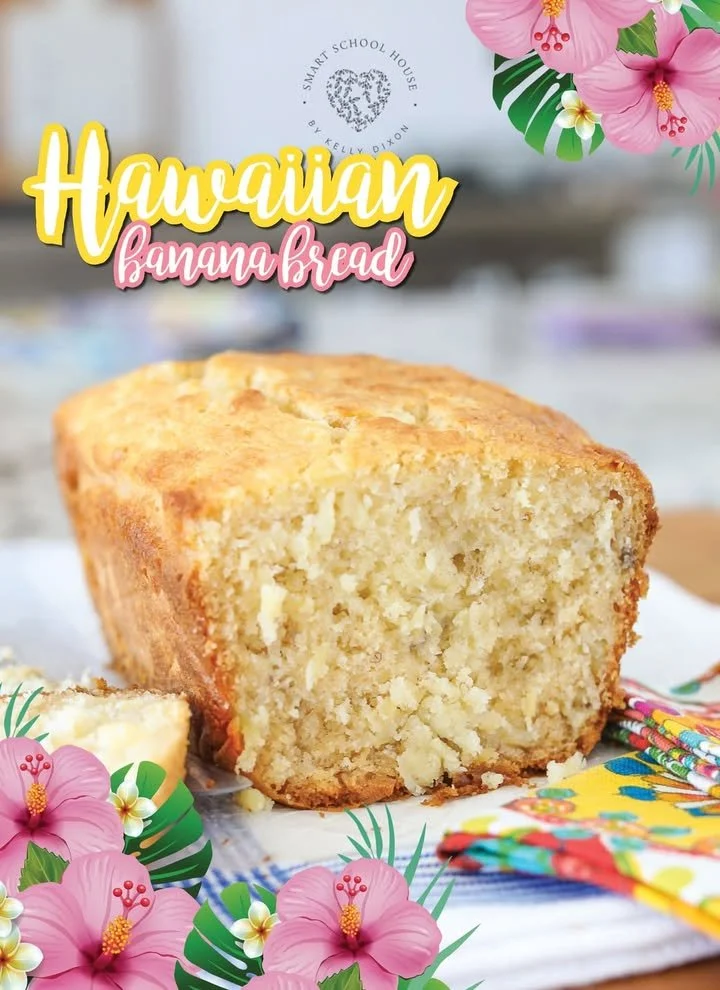 Hawaiian Banana Bread with Coconut and Pineapple slice on a wooden table
