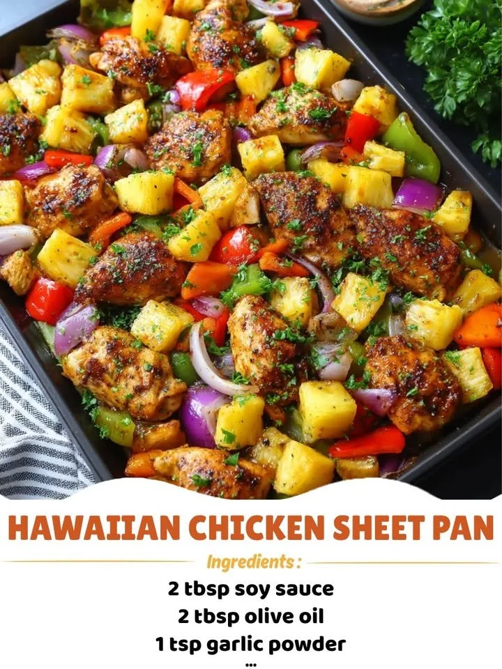 Colorful Hawaiian Chicken Sheet Pan Dinner with fresh vegetables and pineapple