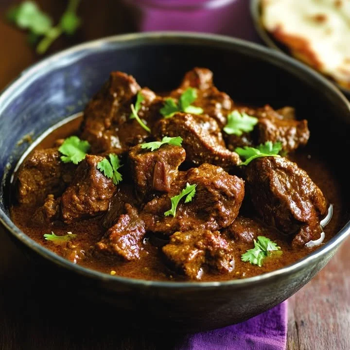 A delicious bowl of chicken masala with vibrant spices and herbs.