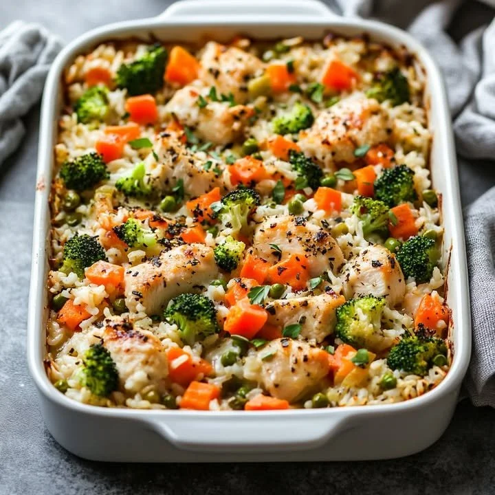 Hearty chicken rice bake with vegetables, a comforting and delicious meal.