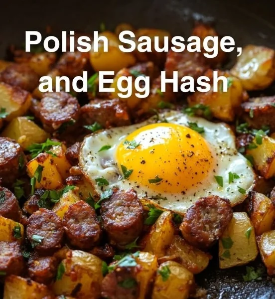 Hearty Polish sausage and egg hash served in a skillet