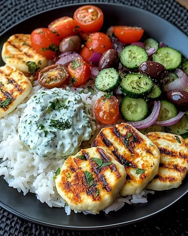 Delicious grilled halloumi bowl with tzatziki and Greek salad