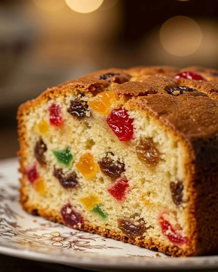 A slice of heavenly moist fruitcake topped with glaze and dried fruits.