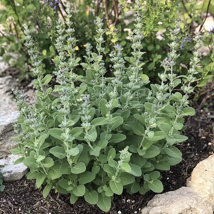 Fragrant local plants; identifying an herbal bush in the garden.