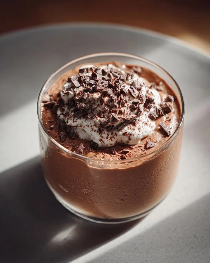 High protein cottage cheese chocolate mousse dessert served in a glass