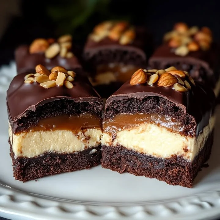 Homemade Snickers cheesecake bars with brownie bottom