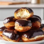 Delicious homemade chocolate profiteroles filled with cream and drizzled with chocolate.