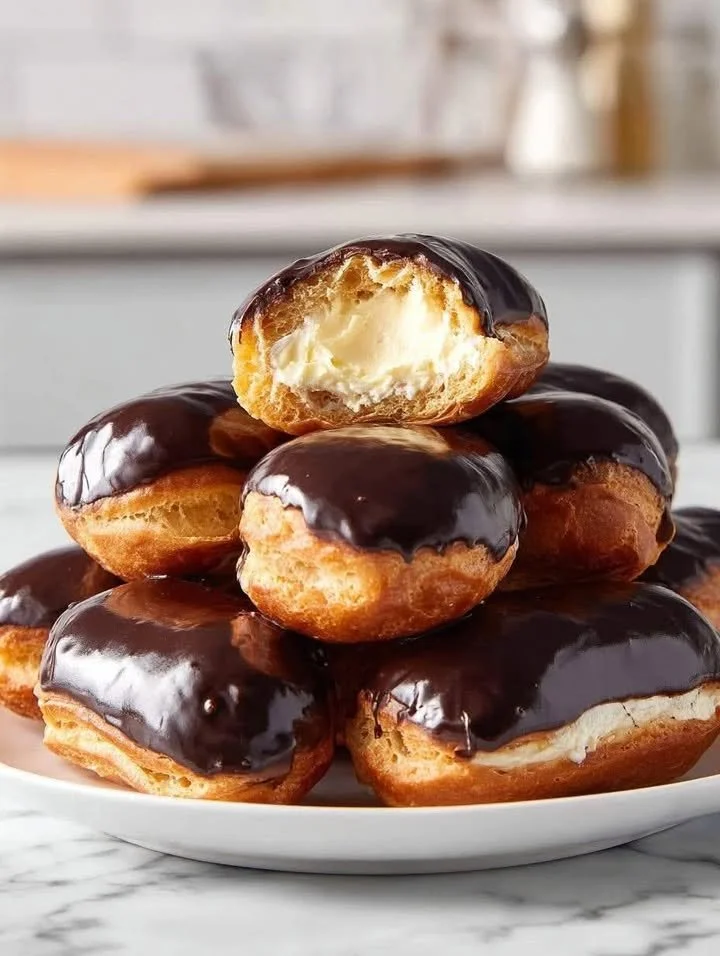 Delicious homemade chocolate profiteroles filled with cream and drizzled with chocolate.