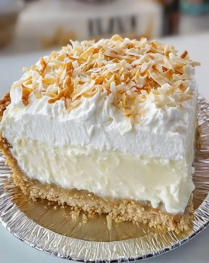 Slice of homemade coconut cream pie served on a rustic table