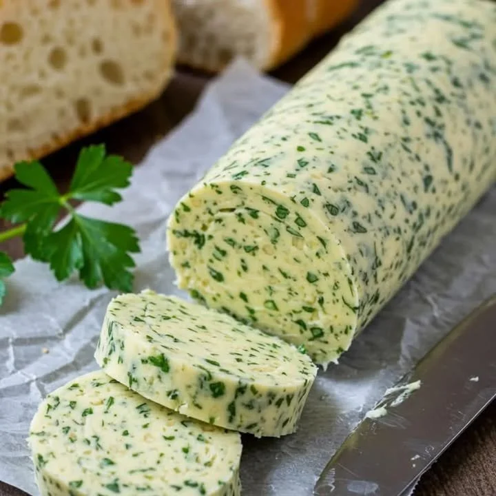 Homemade garlic herb butter with fresh herbs and garlic cloves.