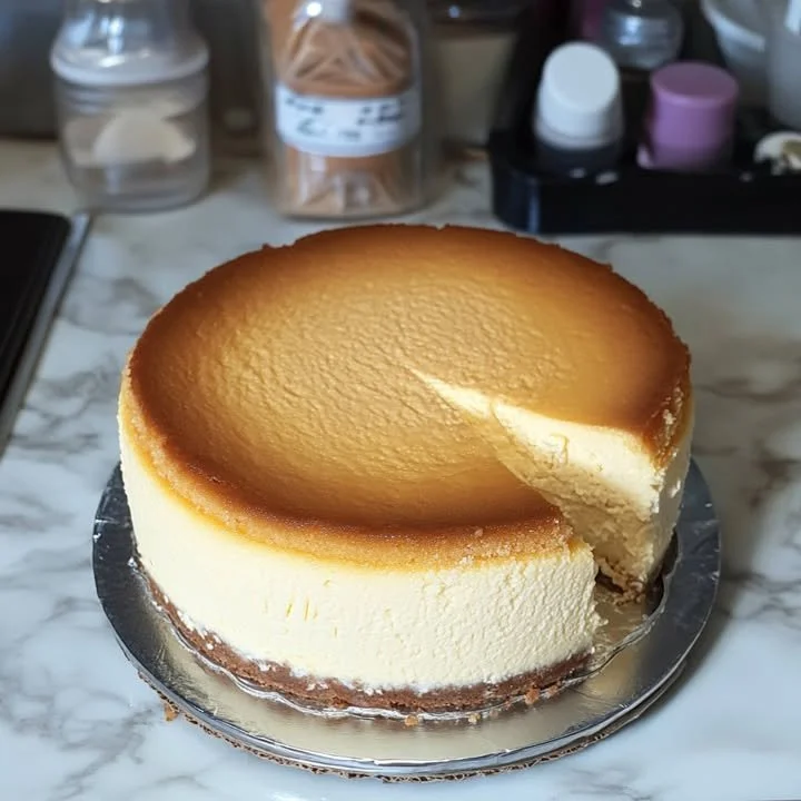 Homemade Japanese cheesecake topped with fresh strawberries on a white plate