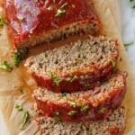 Delicious homemade meatloaf served with mashed potatoes and green beans.
