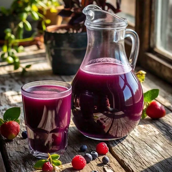 Homemade mixed berry juice in a glass with mixed berries on the side.