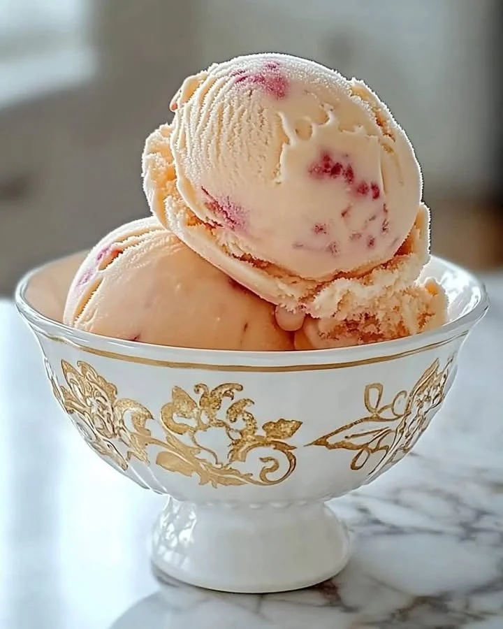 A bowl of creamy homemade peach ice cream topped with fresh peach slices.