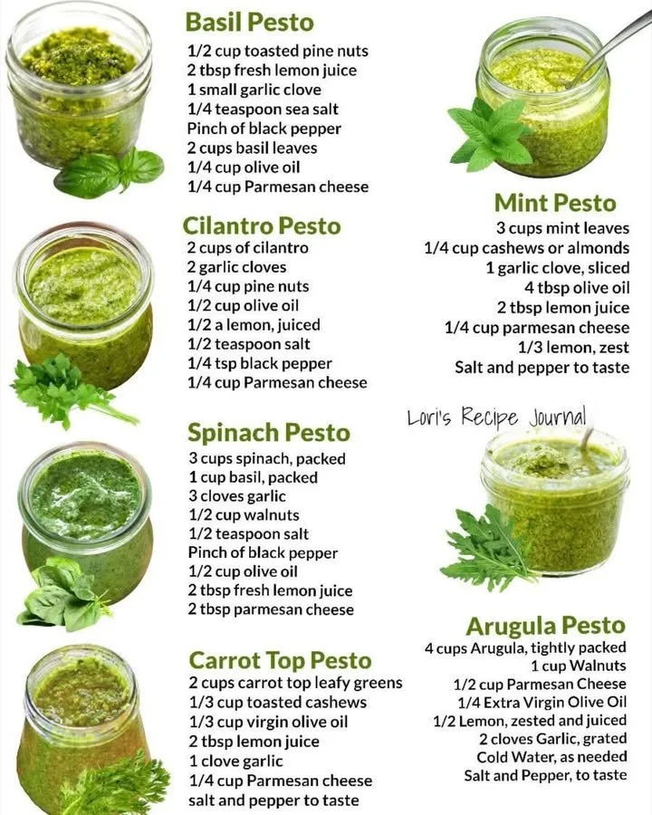 A variety of homemade pesto recipes with fresh ingredients and vibrant colors.