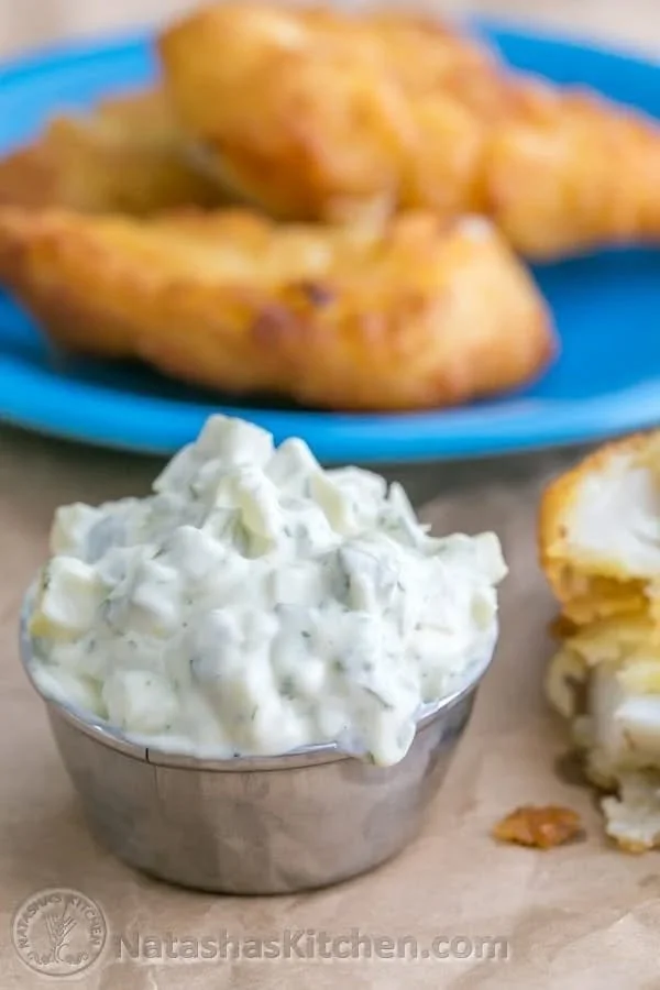 Bowl of homemade tartar sauce with fresh ingredients for seafood dishes