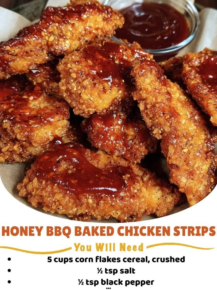 Honey BBQ Baked Chicken Strips fresh from the oven, golden and crispy.