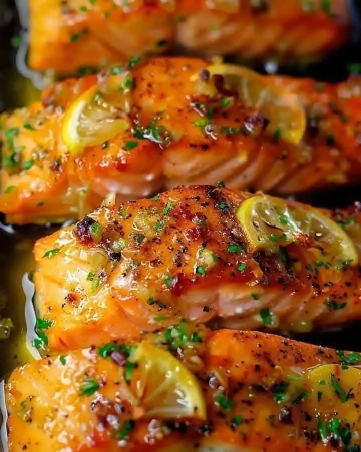 Honey Garlic Butter Baked Salmon fillet garnished with herbs