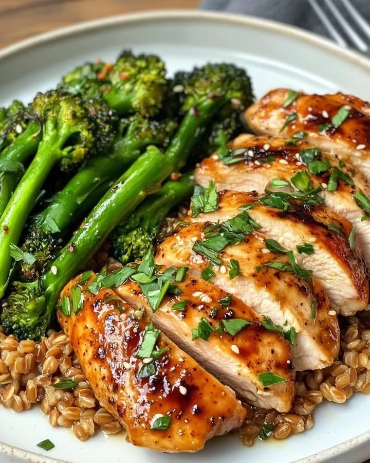 Honey Garlic Chicken dish with farro and roasted broccolini on a plate