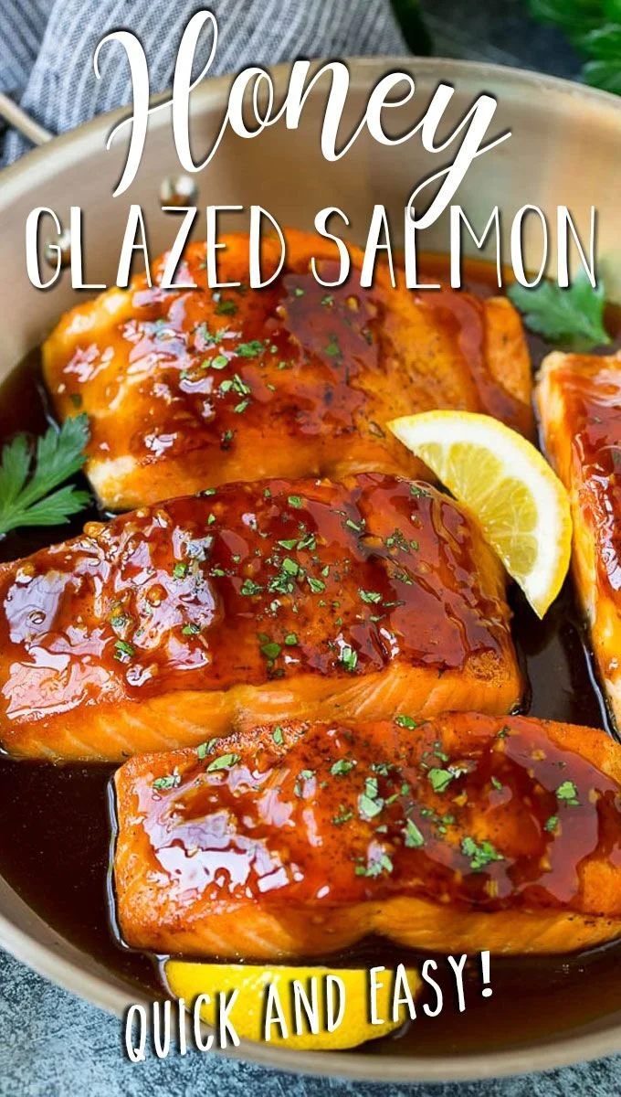 Delicious honey glazed salmon fillet with a shiny, sweet glaze on a plate