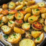 A dish of roasted Honey Mustard Potatoes garnished with fresh herbs.