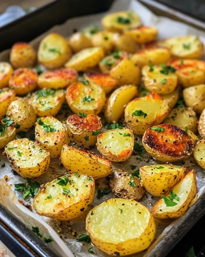 A dish of roasted Honey Mustard Potatoes garnished with fresh herbs.