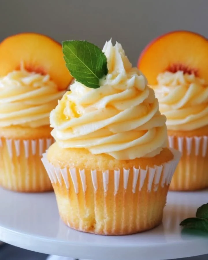 Honey Peach Cream Cheese Cupcakes with fresh peach slices on top