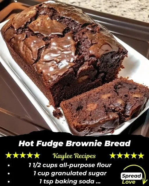Delicious slice of hot fudge brownie bread topped with chocolate drizzle