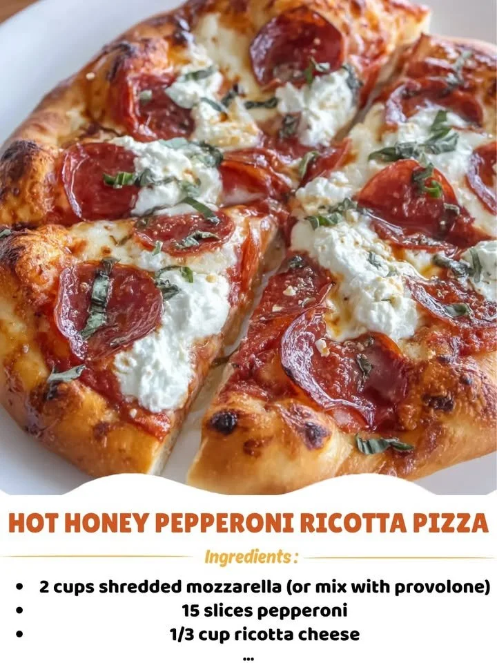 Hot Honey Pepperoni Ricotta Pizza topped with cheese and spicy pepperoni