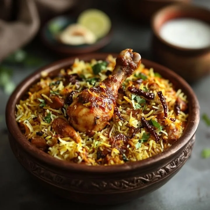 Delicious plate of Hyderabadi Chicken Biryani garnished with herbs and served with raita.